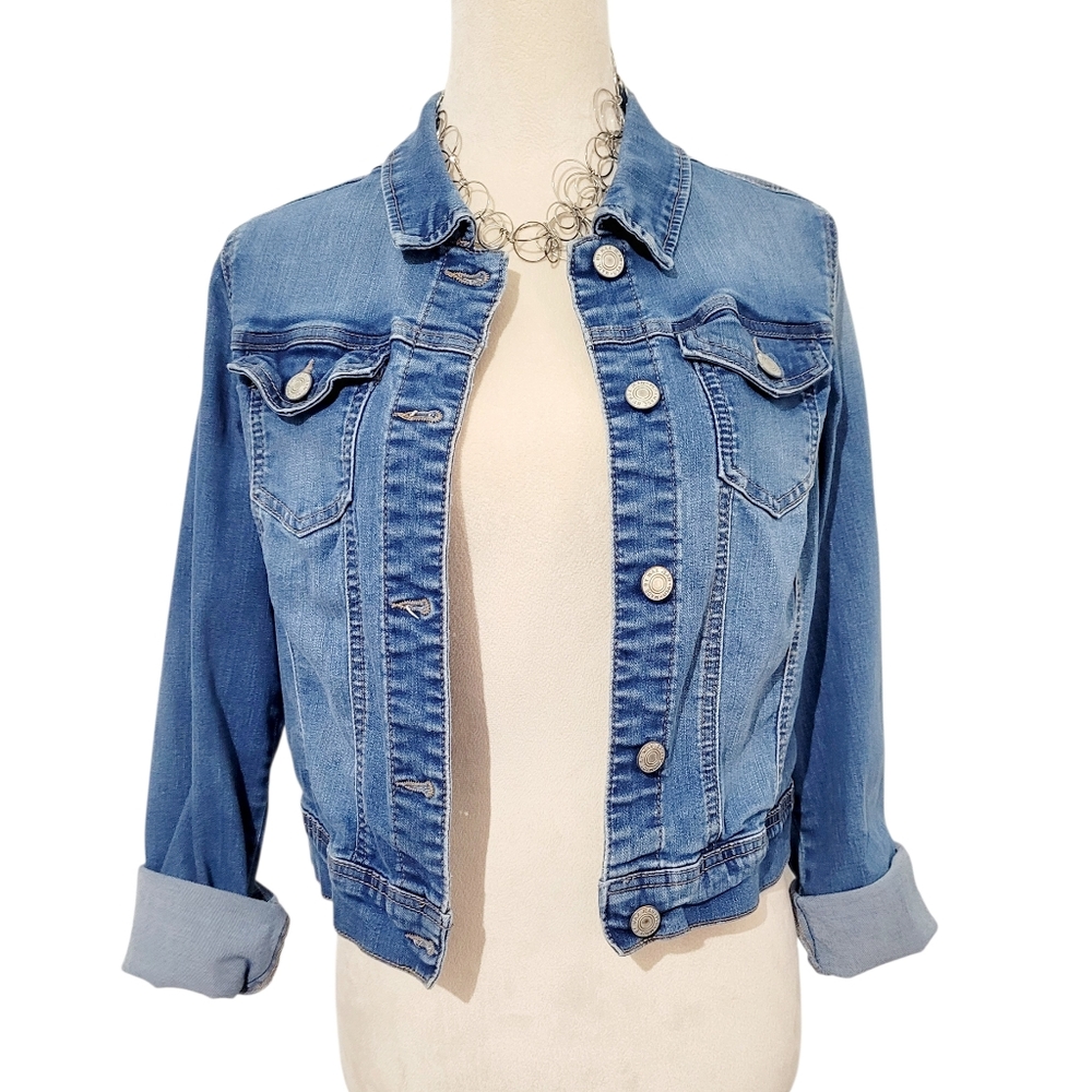 Wax Jean Trucker Denim Jacket Womens Size Medium Stretch Cropped Medium Wash - Picture 12 of 12